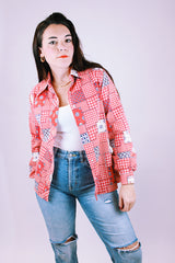 long sleeve button up blouse vintage women's 1970's red patchwork print