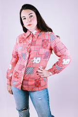 long sleeve button up blouse vintage women's 1970's red patchwork print