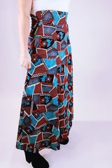women's vintage 1970's corduroy maxi skirt with blue and red floral patchwork pattern