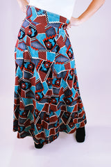 women's vintage 1970's corduroy maxi skirt with blue and red floral patchwork pattern