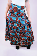 women's vintage 1970's corduroy maxi skirt with blue and red floral patchwork pattern