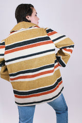 women's vintage 1960's yellow black red and white striped wool coat buttons up the front