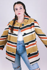 women's vintage 1960's yellow black red and white striped wool coat buttons up the front
