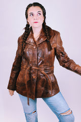1970's brown leather patchwork jacket buttons up the front with collar and tie waist