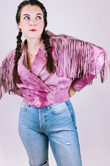 xwomen's 1980's pink leather cropped jacket with fringe