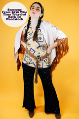 white triangle shawl with brown crochet fringe trim and embroidered flowers vintage 1970's