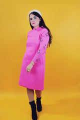 1960's vintage long sleeve midi dress in hot pink with sheer beaded arms and mock neck