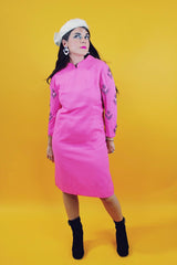 1960's vintage long sleeve midi dress in hot pink with sheer beaded arms and mock neck