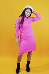 1960's vintage long sleeve midi dress in hot pink with sheer beaded arms and mock neck