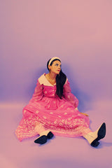 long sleeve pink maxi party dress vintage with white felt floral pattern all over and white collar