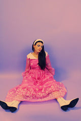 long sleeve pink maxi party dress vintage with white felt floral pattern all over and white collar