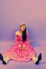 long sleeve pink maxi party dress vintage with white felt floral pattern all over and white collar