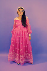 long sleeve pink maxi party dress vintage with white felt floral pattern all over and white collar