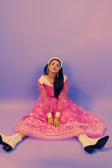 long sleeve pink maxi party dress vintage with white felt floral pattern all over and white collar