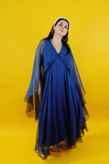 navy blue vintage maxi dress with attached chiffon cape