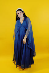 navy blue vintage maxi dress with attached chiffon cape