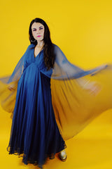 navy blue vintage maxi dress with attached chiffon cape