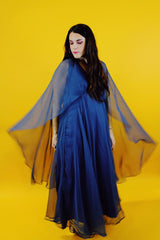navy blue vintage maxi dress with attached chiffon cape