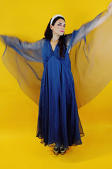navy blue vintage maxi dress with attached chiffon cape