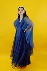 navy blue vintage maxi dress with attached chiffon cape
