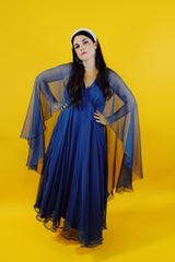 navy blue vintage maxi dress with attached chiffon cape