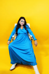 long sleeve ankle length blue dress with ruffle trim vintage 1970's