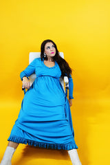 long sleeve ankle length blue dress with ruffle trim vintage 1970's