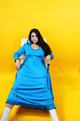 long sleeve ankle length blue dress with ruffle trim vintage 1970's