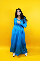 long sleeve ankle length blue dress with ruffle trim vintage 1970's