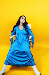 long sleeve ankle length blue dress with ruffle trim vintage 1970's