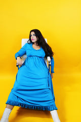 long sleeve ankle length blue dress with ruffle trim vintage 1970's