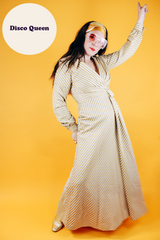 floor length long sleeve cream and gold metallic striped dress with v neck and collar vintage 1960's