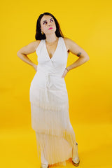 sleeveless ankle length 1970's vintage flapper style dress with three tiers of fringe and tie waist