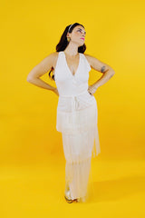 sleeveless ankle length 1970's vintage flapper style dress with three tiers of fringe and tie waist