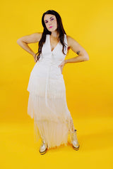 sleeveless ankle length 1970's vintage flapper style dress with three tiers of fringe and tie waist