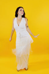 sleeveless ankle length 1970's vintage flapper style dress with three tiers of fringe and tie waist