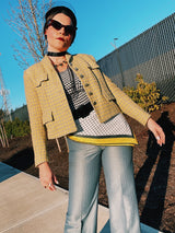 Women's vintage 1950's Nichlas Ungar label long sleeve cropped fit blazer jacket in grey and yellow all over checkers.