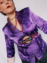 Women's vintage 1950's long sleeve reversible satin open jacket in bright purple and light lavender. Side slits, front pockets and small shoulder pads