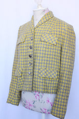 Women's vintage 1950's Nichlas Ungar label long sleeve cropped fit blazer jacket in grey and yellow all over checkers.