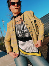 Women's vintage 1950's Nichlas Ungar label long sleeve cropped fit blazer jacket in grey and yellow all over checkers.