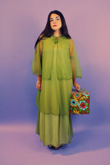 ankle length sleeveless dress with two tiers in pea green with matching caplet jacket vintage 1970's