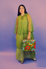 ankle length sleeveless dress with two tiers in pea green with matching caplet jacket vintage 1970's