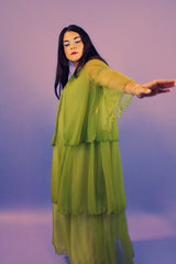 ankle length sleeveless dress with two tiers in pea green with matching caplet jacket vintage 1970's