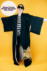 black floor length kimono with embroidered peacock vintage