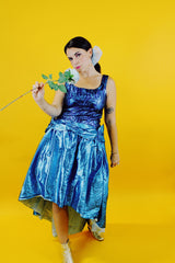 sleeveless blue metallic 80's prom dress with high low hem