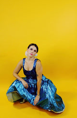 sleeveless blue metallic 80's prom dress with high low hem