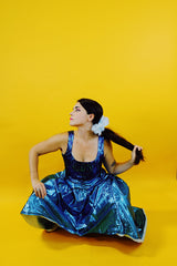 sleeveless blue metallic 80's prom dress with high low hem