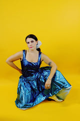 sleeveless blue metallic 80's prom dress with high low hem