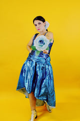 sleeveless blue metallic 80's prom dress with high low hem