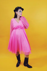 sheer long sleeve hot pink mini dress with fabric flower at waist vintage 1970's